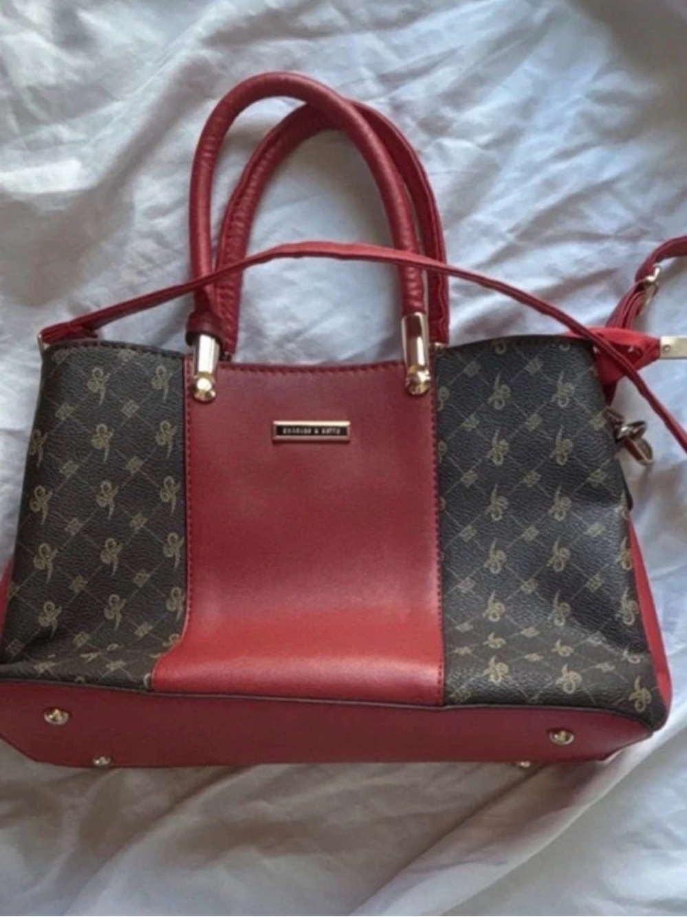 Charles & Keith Red and Brown Logo Satchel